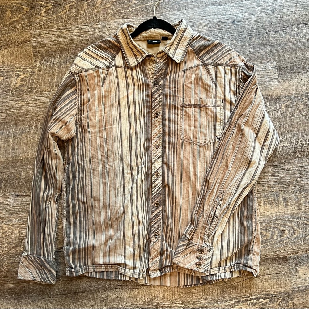 Kavu Brown Tan Cream Stripe Button Down Shirt Long Sleeves Large
